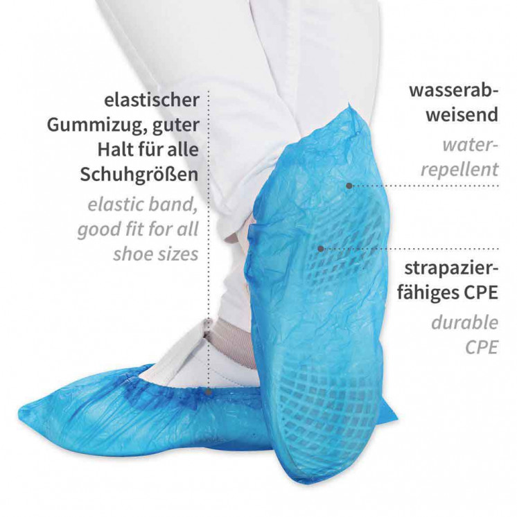 HYGOSTAR Überschuhe CPE 1×100 Stk – lebensmittelecht, wasserdicht, CE‑PSA